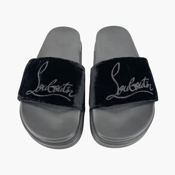 Christian Louboutin 'Navy Pool' Slide Sandals Size 37 US 7 Black Velvet Logo 35 - Picture 2 of 12